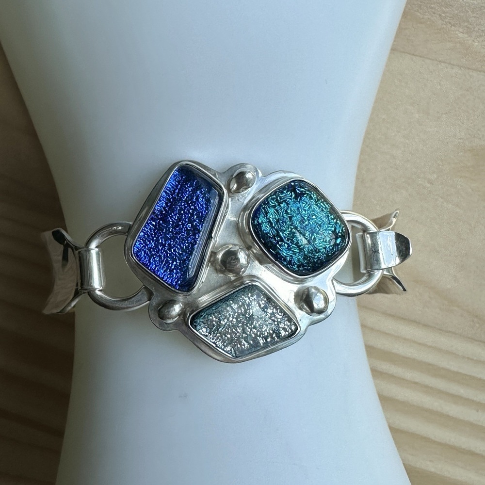 Bangle Bracelet‎ Size 5.5 Signed Robin Foil Sim Opal Glass 925 Sterling 39.3g